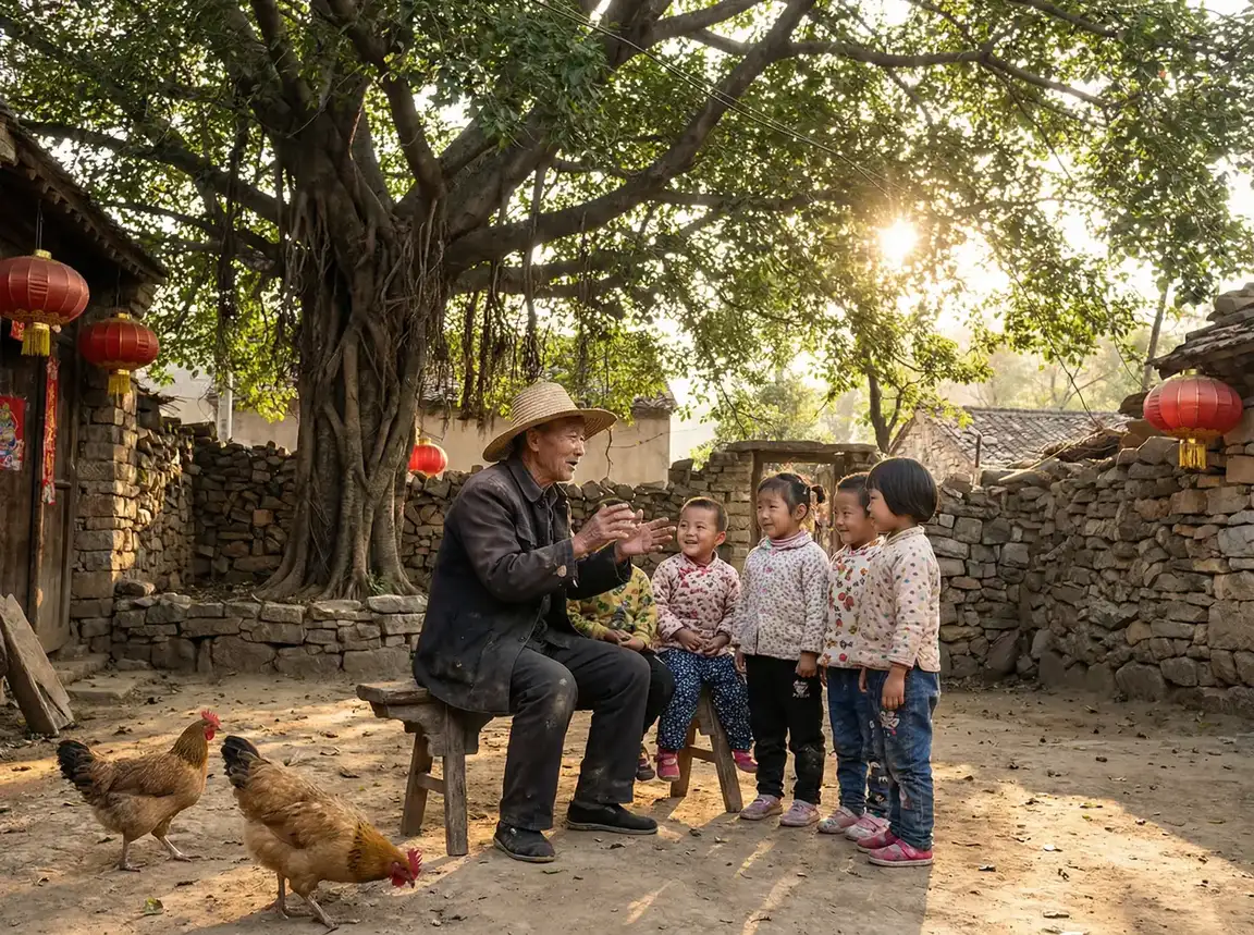 老人在大榕树下给孩子们讲故事 - 淫荡姐姐 乡村记忆